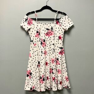 Y2K UK2LA Women White Floral Polka Dot Cold Shoulder Mini Dress Large W30-012Y